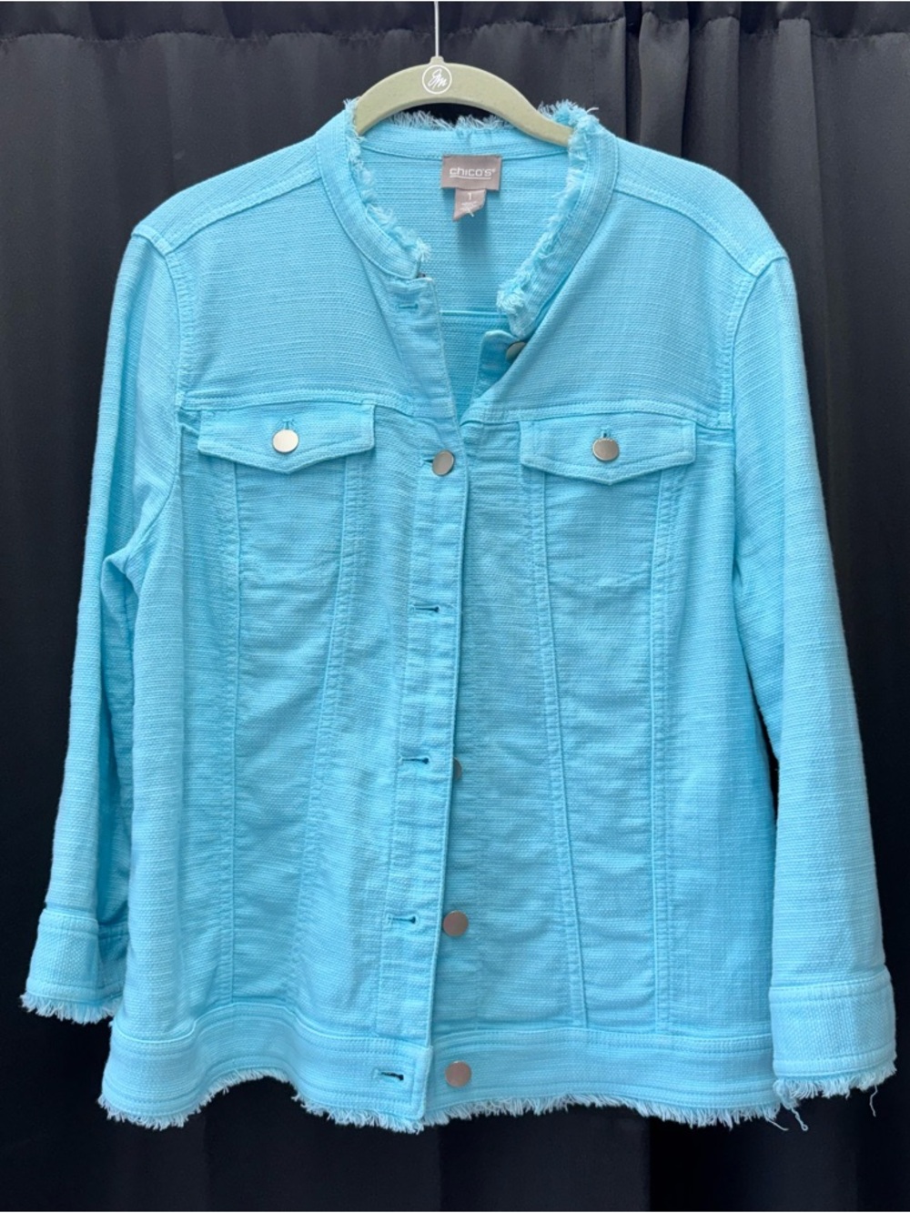 Chico's Bright Aqua Frayed-Edge Snap Jacket